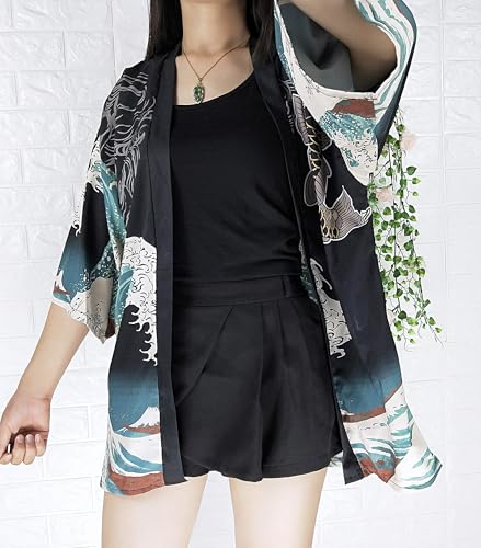 Image of LAI MENG FIVE CATS Women's Floral Print Loose Blouse Japanese Kimono Tops | Puff Sleeve,Cover up Top,Casual Cute Tops,Summer Cardigans 2026