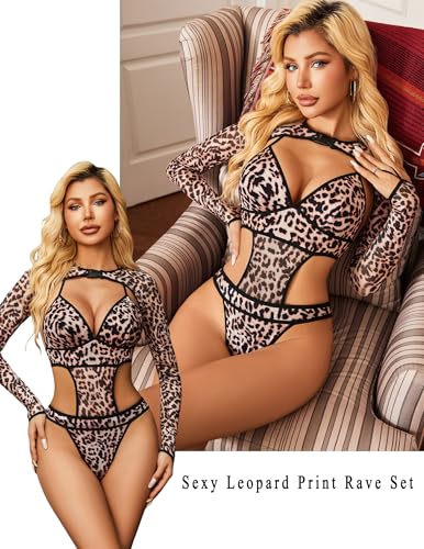 Image of Avidlove Rave Outfits for Women Festival Sexy Lingerie Bodysuit 2 Piece | Buckle shrug crop top halter bodysuit set, snap closure, breathable mesh, for concerts and club nights
