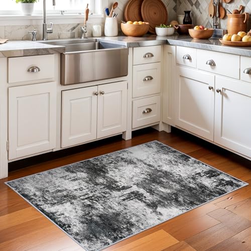 RUUGME 2x3 Abstract Area Rug:Large Washable Living Room Rug Indoor Non Slip Low Pile Carpet for Bedroom Soft Foldable Stain Resistant Distressed Thin Rug for Dining Room Kitchen 2x3 Black A
