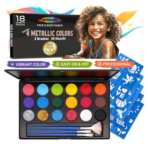 Face Paint Kit Non-Grease 18 Colors Including 4 Metallic 3 Brushes 30 Stencils Face Paints Body Paint Palette Kids Safe Face Painting on Christmas Halloween Facepaint Makeup Costume Birthday Party