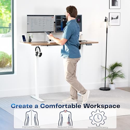 Image of VIVO Reclaimed Wood 43 x 24 in Standing Desk, DESK-KIT-1W4P | Electric, Holds 220 lbs, Sit Stand, Height Adjustable, Solid One-Piece Table Top, Memory Presets, 1B Series, White Frame