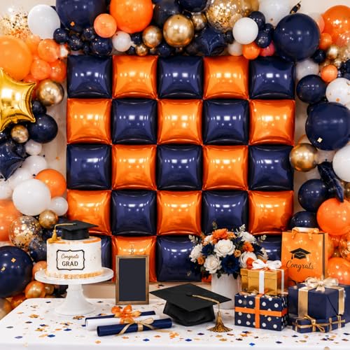 Image of Navy Blue and Orange Double Sided Square Foil Balloons Wall,19 Inches Chrome Foil Balloons Tunnel Arch Kit for Bachelorette, Anniversary, New Year,2026 Graduation,Birthday Party Decorations