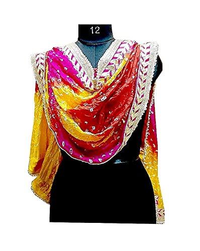 Image of Women's Jaipuri Art Silk Bandhej Rajasthani Bandhani Dupatta with Gota Patti Lace