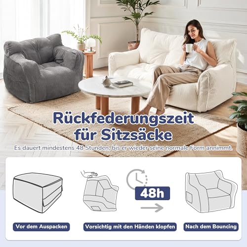Pamapic Sitzsack, Sitzsack Erwachsene mit Füllung, Doppeltes Lounge Sessel mit Tragbarem Griff, Modernes Ergonomisches BeanBag, Indoor Sitzsäcke Stuhl für Wohnzimmer, Schlafzimmer, Spielzimmer, Grau