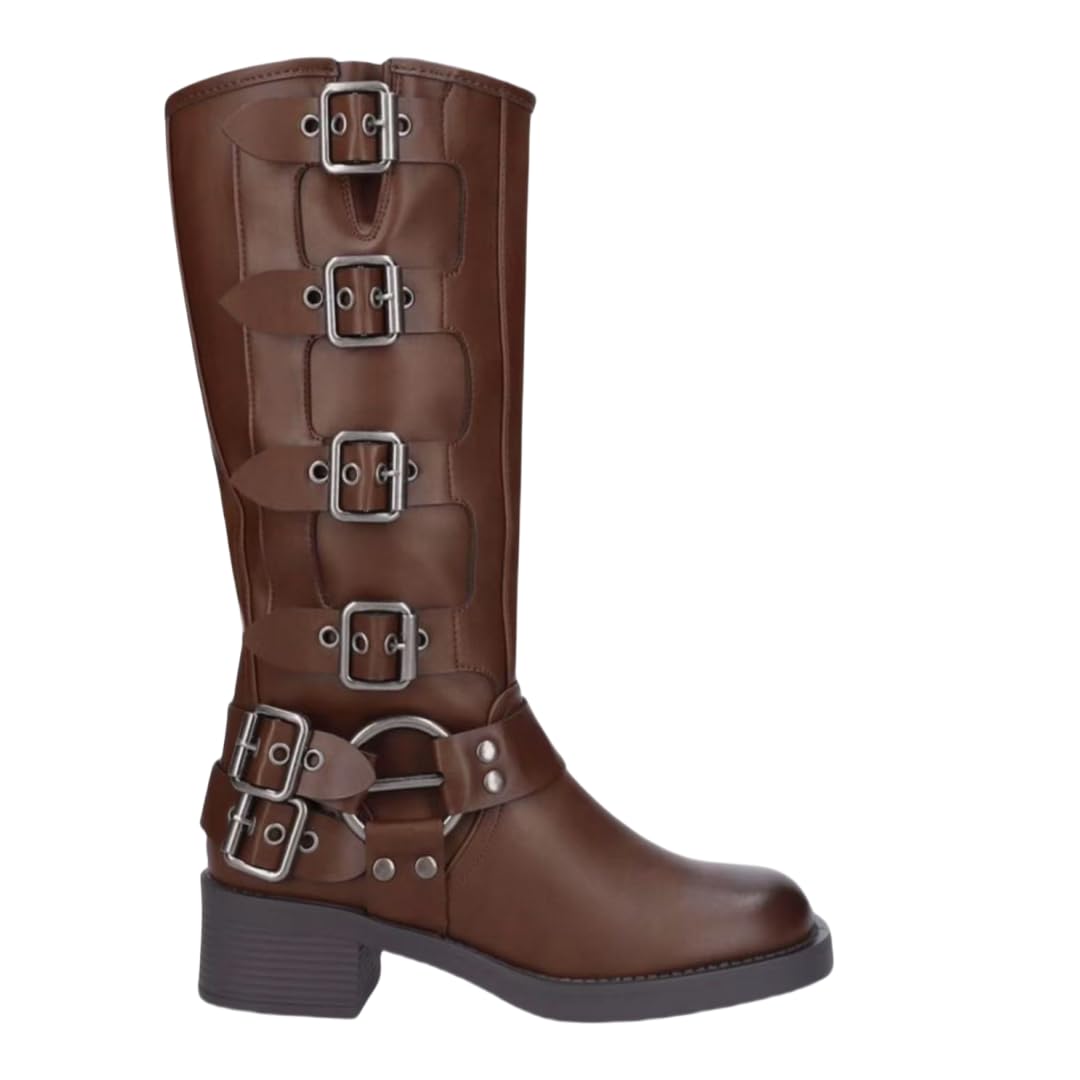 Women High Tube Boots Square Toe Pull On Wide Calf Boots Adjustable Metal Buckle Chunky Heel Knee High