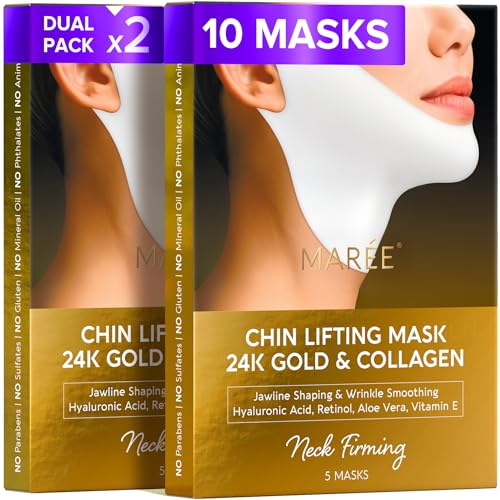 MAREE V Line Lifting Mask with 24K Gold – Deep Collagen Face Mask for Women – Jawline Shaper Mask with Retinol &amp; Hyaluronic Acid – Neck Tightening &amp; Firming - Double Chin Strap for Face Lift - 2 pack