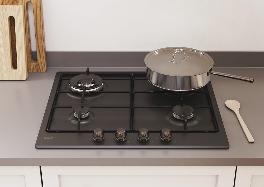 Candy Classic Piano Cottura a Gas 4 Fuochi, Acciaio Inossidabile, Bruciatore a Doppia Corona, Griglie Smaltate Leggere e Lavabili in Lavastoviglie, 59,5 x 51 x 1 cm, Color Antracite - CHW6BR4WGTGH