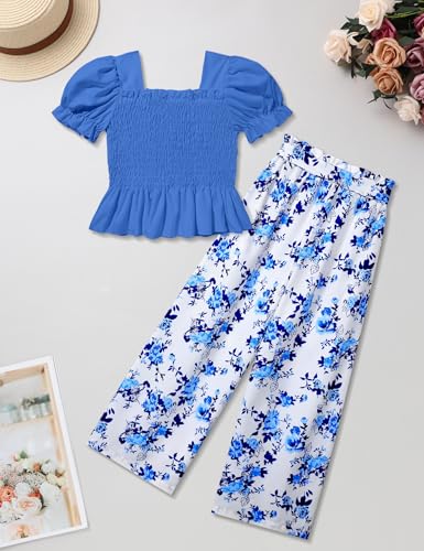 Image of Girls Clothes Solid Color Square Collar Stretch Top and Wide Leg Pants Clothes for Teen Girls 6-14Y
