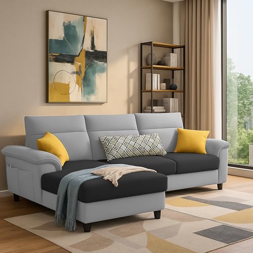Image of Casaliving Seams LHS 4 Seater L Shape Sofa for Living Room (Black Grey Fabric) Premium Fabric Sofa