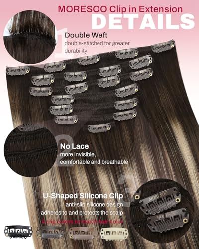 Image of Moresoo Clip in Hair Extensions Brown Balayage Human Hair 22 inch 120g | Human hair clip in extensions, caramel brunette balayage, 7pcs, double weft, smooth straight styling for full-length blend