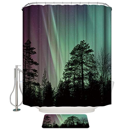 Shower Curtain Set with Bath Rug, Aurora Lanscape Bathroom Accessories Decor Polyester Fabric Shower Curtains with Hooks 72\"x72\" and Non-Slip Bath Mat 18\"x30\"