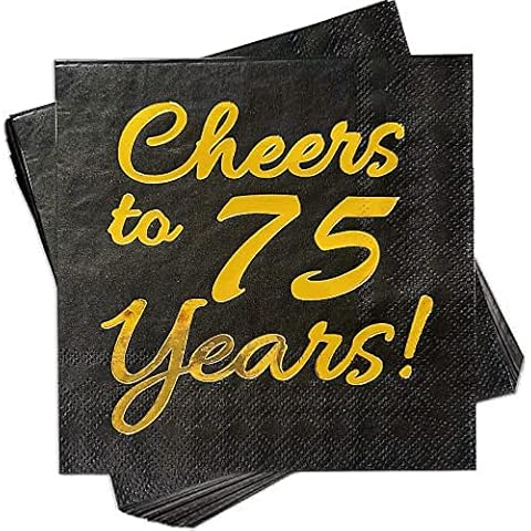 75th Birthday Decorations for Men Women Party Supplies Cocktail Napkins Black Gold 50 Pack,5"x 5" Folded, Cheers to 75 Years! Cover