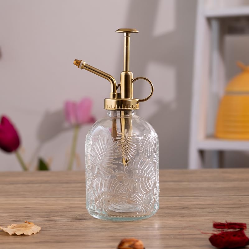 Pacific Giftware Pflanzen-Sprühflasche aus Glas mit Blattdruck im Vintage-Design, Kunststoff-Pflanzensprühflasche mit verstellbarer Kunststoffpumpe für Zimmerpflanzen und Sukkulenten,