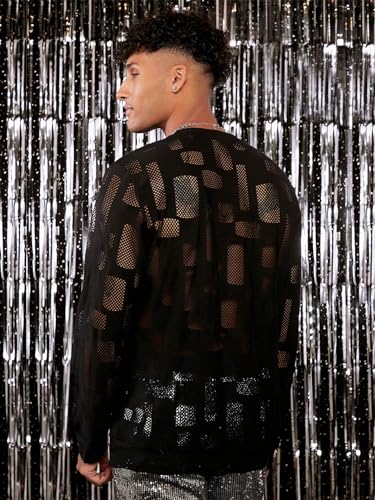 WDIRARA Men's Hollow Out Mesh Long Sleeve Round Neck Pullover Sheer Sweatshirt Tops2