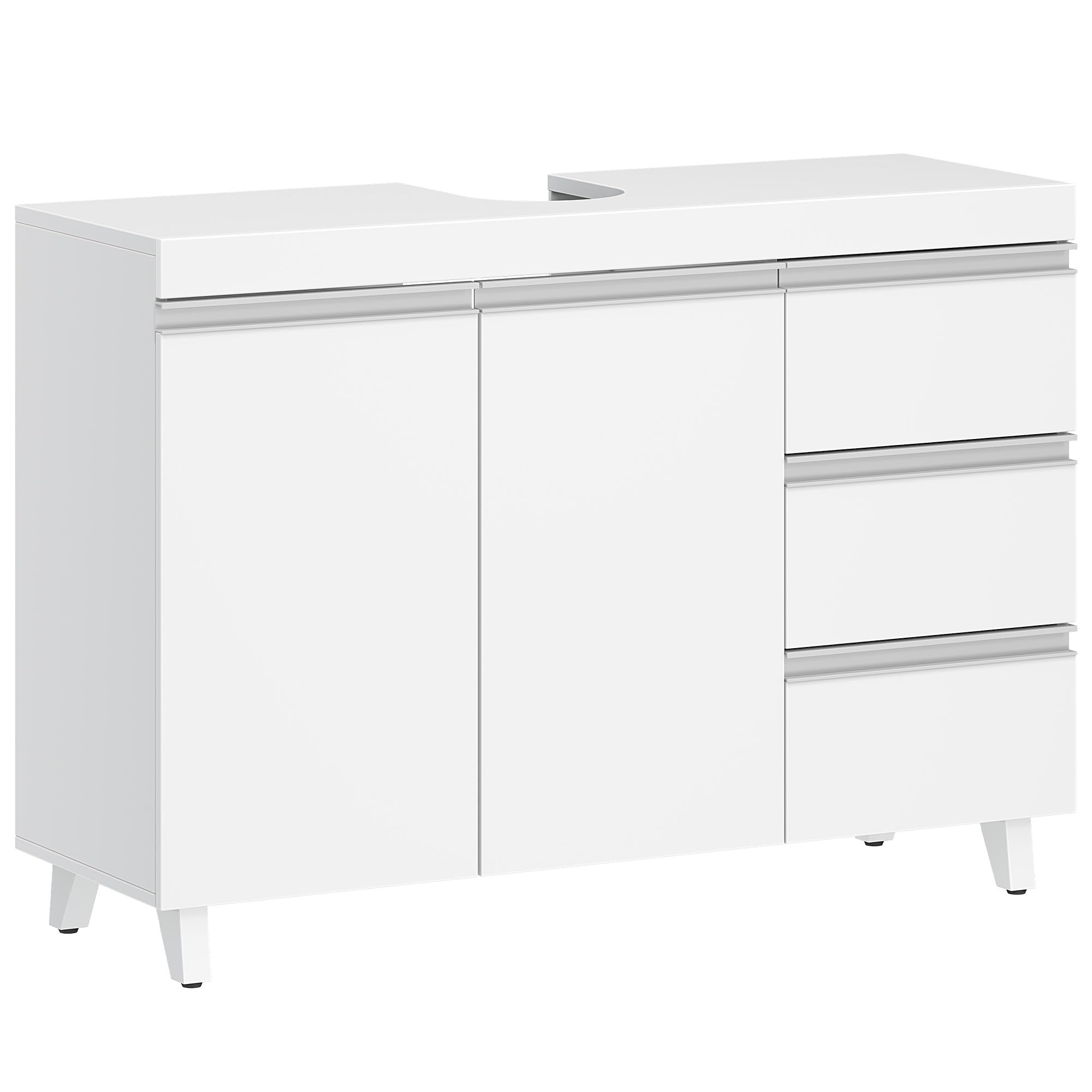 Hzuaneri Szafka pod umywalkę, meble łazienkowe, 2 drzwi, 3 szuflady, szafka dolna z regulowanymi półkami, wolnostojąca, 30 × 90 × 64 cm, biała, model BC29903X