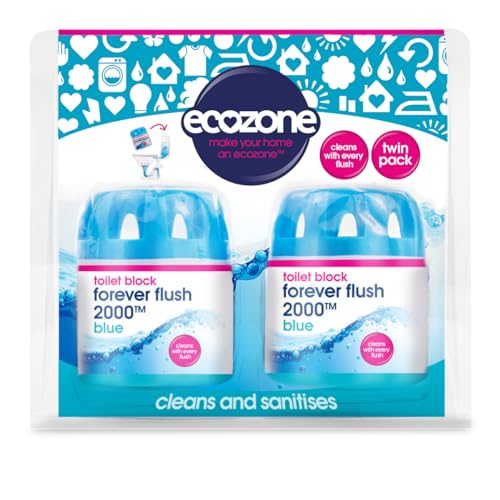 EcoZone Forever Flush 2000 Blue Toilet Blocks Eco Friendly Alternative to Loo Rim Hangers Cistern Capsules Clean & Descale WCs Natural Vegan & Non Toxic Cleaner Recyclable Plastic (Set of 2)
