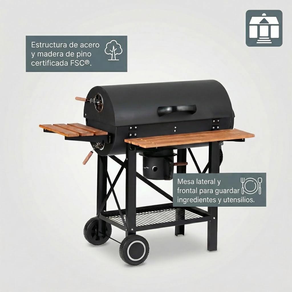 Tarrington House Barbacoa de Carbón Louisiana, Acero/Madera, Mesas Plegables, con Ruedas, Estantería Inferior, Negro