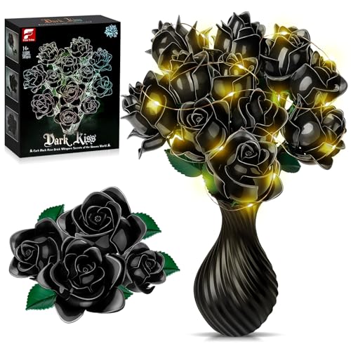 Charmofun Schwarzer Rosenstrauß-Bausatz, Schwarzer Künstlicher Rosenstrauß mit 12 Rosen, LED-Lichtern und Vase, Klemmbausteine Blumen für zum Geburtstag, Halloween, Jahrestag, Valentinstag Charmofun Schwarzer Rosenstrauß-Bausatz, Schwarzer Künstlicher Rosenstrauß mit 12 Rosen, LED-Lichtern und Vase, Klemmbausteine Blumen für zum Geburtstag, Halloween, Jahrestag, Valentinstag