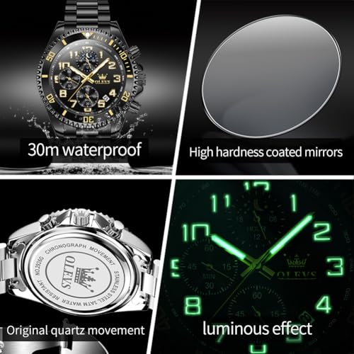 OLEVS Watches for Men Chronograph Luxury Dress Stainless Steel Waterproof Mens Watches Moon Phase Luminous Business Calendar Wrist Watch Blue/Black/Green/Gold/Face - Image 6