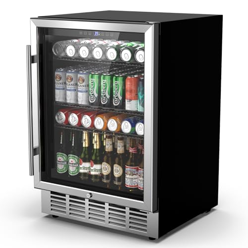 24 Inch Beverage Refrigerator & Cooler Under Counter with Safty Lock, Outdoor Patio Fridge for Drinks, Soda, Beer, Wine, 37～65°F Adjustable Temperature & Memory, Built-in/Freestanding