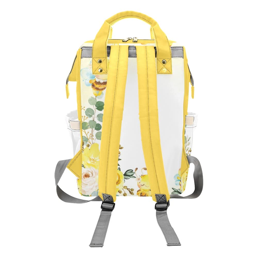 Cute Bee Floral Diaper Bags Backpack with Name Personalized Baby Nursing Nappy Travel Tote Bag Gifts for Mom