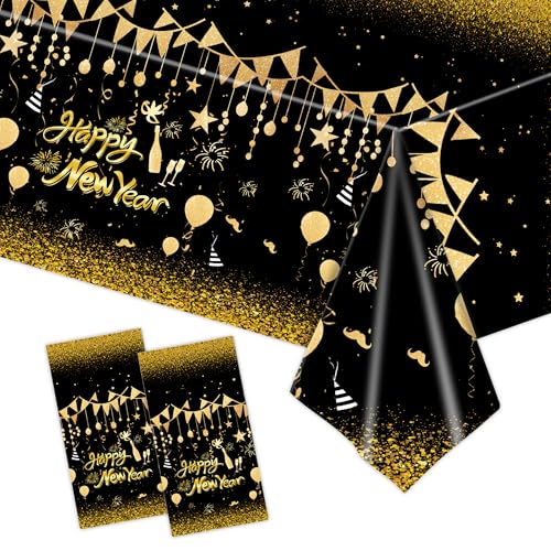 2Pcs Happy New Year Plastic Tablecloth - 54x108 Inch Black and Gold Disposable Table Cover Rectangular Tablecloth with Fireworks Champagne and Ornaments for 2026 New Years Eve Party Decoration