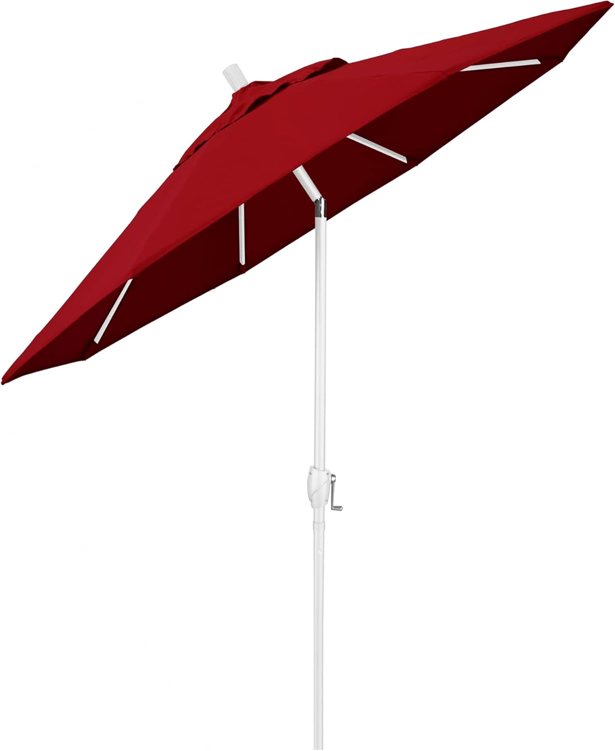 California Umbrella 9' Round Aluminum Market Umbrella, Crank Lift, Push Button Tilt, White Pole, Red Olefin