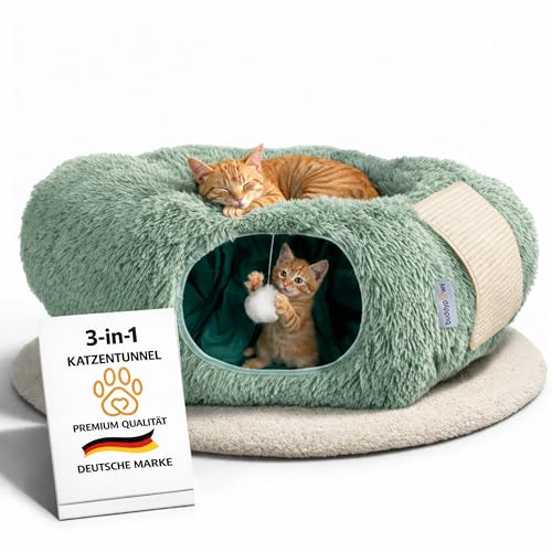 3-in-1 Katzentunnel mit Katzenbett & Kratzflächen | Flexibel nutzbarer Premium Katzentunnel aus weichem Plüsch als Katzenhöhle, Katzenkorb & Katzenspielzeug | Waschbar | Mit Sisal Kratzmatte | Salbei