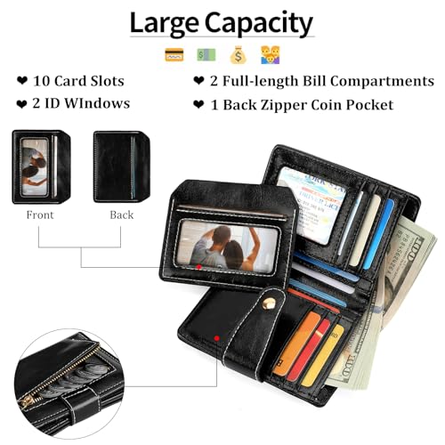 Image of Small Wallet Women RFID Blocking Bifold Wallets Vegan Leather Card Holder with ID Window Zip Pocket
