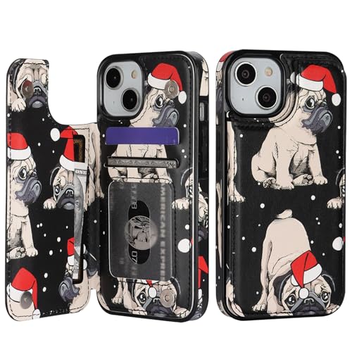 Image of HAOPINSH for iPhone 13 /14 Wallet Case with Card Holder, Christmas Santa Pet Puppy Pattern Back Flip PU Leather Kickstand Card Slots Case for Girls Women, Double Magnetic Clasp Cover 6.1 inch