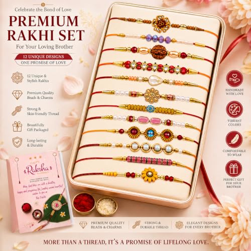 Image of Rakhi Set of 12 for Brother with Gift Chocolate Pack of 2 | Rakhi for Brother,Men,Boy,Bhabhi | Rakhi Gift for Brother with Roli Chawal Tikka & Rakshabandhan Greeting Card