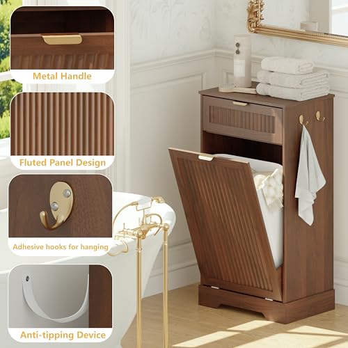 Image of Single 13 Gallon Tilt Out Trash Can Cabinet,Garbage Cabinet with Drawer | Hidden Garbage Storage with Fluted Design, Drawer & Hooks for Kitchen, Dining Room and Small Space Organization,Walnut