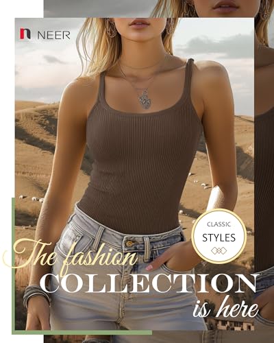 Neer 3 Pack Women's Spaghetti Strap Ribbed Tank Tops, Slim Fit Cotton Scoop Neck Sleeveless Knit Camisole Basic Cami Shirts3