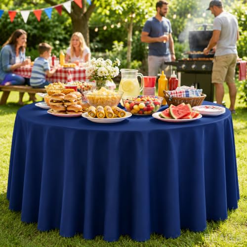 Image of WNINK 2 Pack Navy Blue Round Tablecloth, 84 Inch Disposable Plastic Table Covers, Navy Blue Round Table Cover for Birthday Parties, Holiday, Picnic, BBQ, Family Gathering Party Supplies
