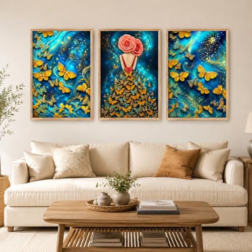 Image of Livin'luxe Set of 3 Butterfly Girl Abstract Wall Paintings for Living Room Dining Bedroom Decor with Premium Wooden Color Synthetic Frame (25.5 x 19.5 Inch) NM03-90