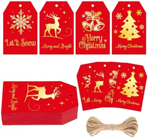 G2PLUS 60Pcs Christmas Gift Tags with String - Red and Gold Merry Christmas Paper Tags, 4 Designs Xmas Tag for Holiday Wrapping, DIY Crafts, Gift Exchange, Party Favors