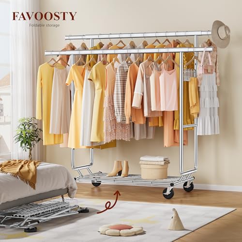FAVOOSTY Perchero doble resistente,capacidad de 200 kg, extensible y ajustable, perchero con ruedas y estantes bloqueables para dormitorio, sala de estar, color plateado - imagen 2