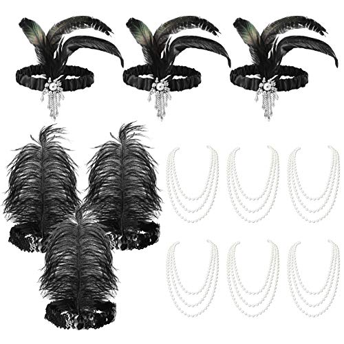 WATINC 12pcs 1920s Flapper Accessories Set, Gatsby Costume Flapper Headpiece Pearl Necklace for Women, 1920s Black Feather Headband for Great Gatsby Party, Roaring 20s Vintage Party Accessories