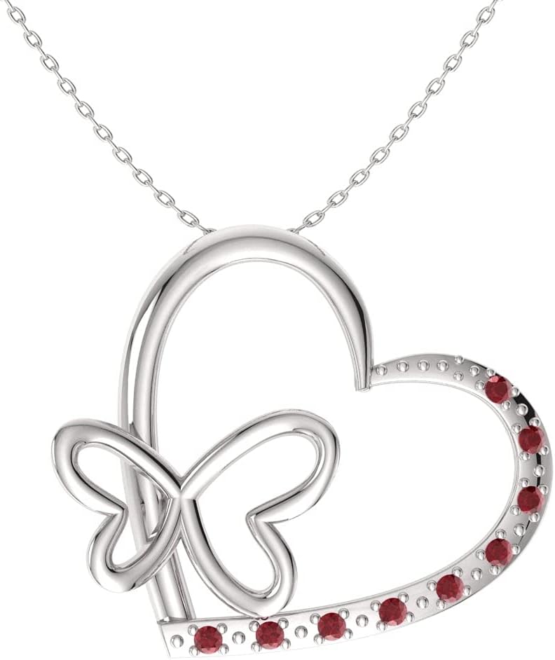 DiamondereNatural and Certified Diamond Butterfly Love Heart Necklace in 14k White Gold | 0.09 Carat Pendant with Chain