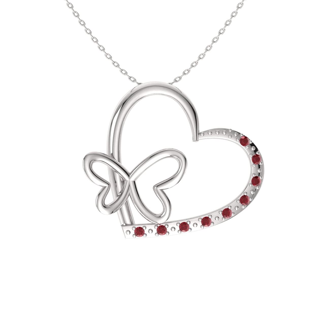 DiamondereNatural and Certified Diamond Butterfly Love Heart Necklace in 14k White Gold | 0.09 Carat Pendant with Chain