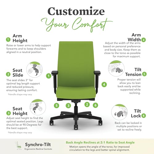 Image of HON Ignition 2.0 Ergonomic Office Chair with Adjustable Arms, Advanced Synchro‑Tilt Recline, Upholstered Desk and Computer Chair for Home Office or Workstation, Black Frame, Pear
