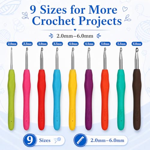 Image of Crochet Hooks, 9PCS Crochet Needles, 2mm-6mm Ergonomic Soft Grip Crochet Hook Set, Crochet Kit for Beginners, Aluminum Yarn Hooks for Arthritic Hands,Comfortable Crochet Needles,Craft Gift for Women