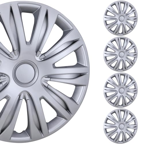 Hawkley 15in Wheel Guards ?(4 Pack) Hubcaps for Car Accessories Wheel Covers Snap Clip-On Auto Tire Rim Replacement for 15 inch Wheels 15?Hub Caps - Fits Most Cars, Silver Lacquer