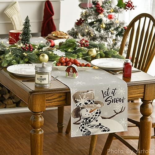 Image of Artoid Mode Grey Snowman Winter Table Runner Home Party Decor 13x60 Inch