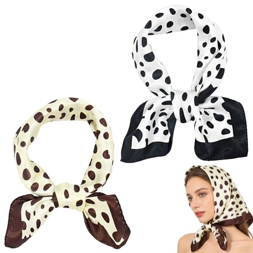 GWEOR Pack de 2 Pañuelos Cuadrados de Lunares para Mujer, Pequeño Pañuelo de Seda Satinada 50x50cm, Bandana Vintage Elegante para Cuello y Pelo, Accesorio Retro para Bolso (Negro y Marrón)