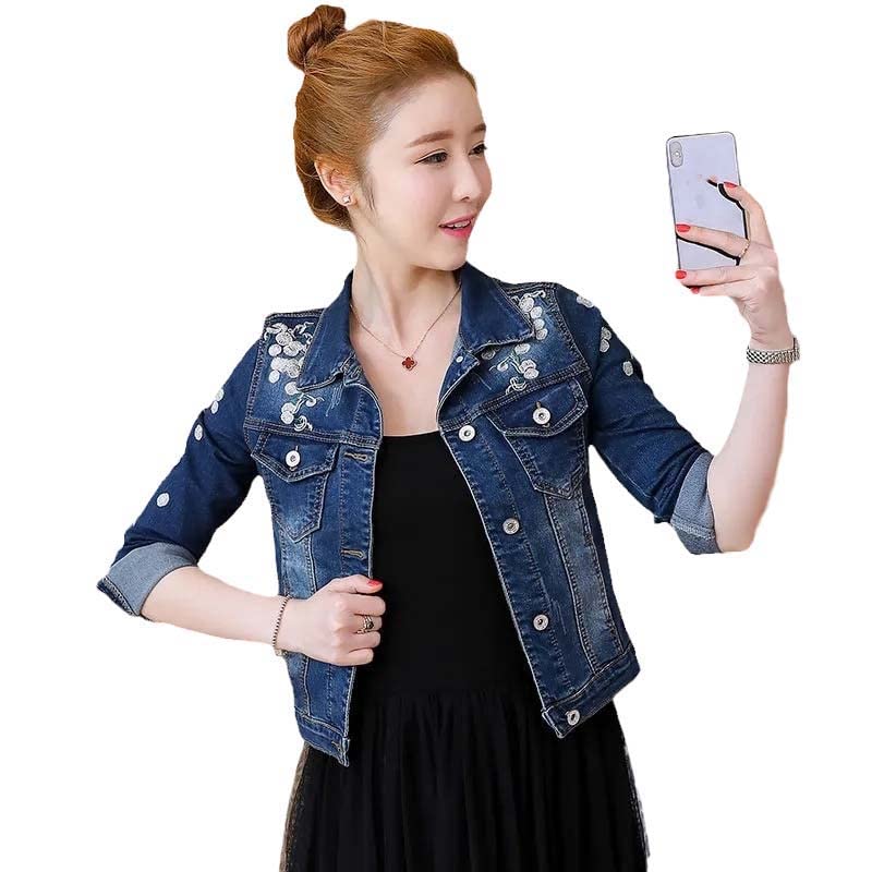 Veste en jean pour femme broderie florale et oiseau en denim marine