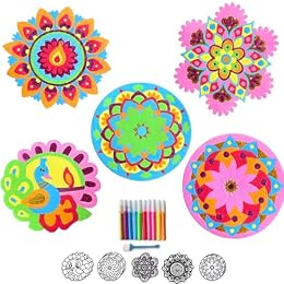 Rangoli Mandala Sand Art Kit, 5Pcs DIY Peel & Stick Craft with Glitter Sand