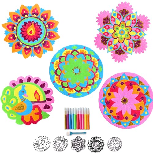 Rangoli Mandala Sand Art Kit 5Pcs DIY Peel & Stick Craft with Glitter Sand