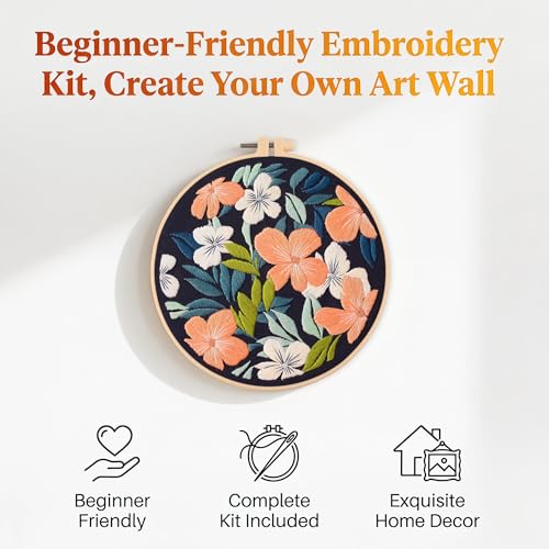 Image of Harimau Adult Beginner Embroidery Starter Kit, Complete Set with 4 Patterns, 2 Hoops, Needles, Scissors, Instruction Guide & Stitching Video Tutorials