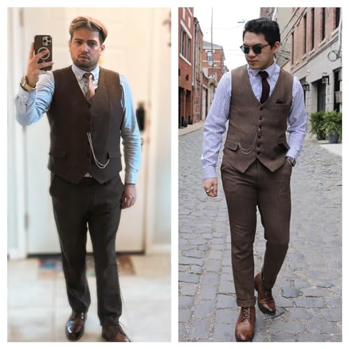 Ceehuteey Men's Retro Dress Suit Pants Thick Wool Flat Front Herringbone Tweed Trousers4